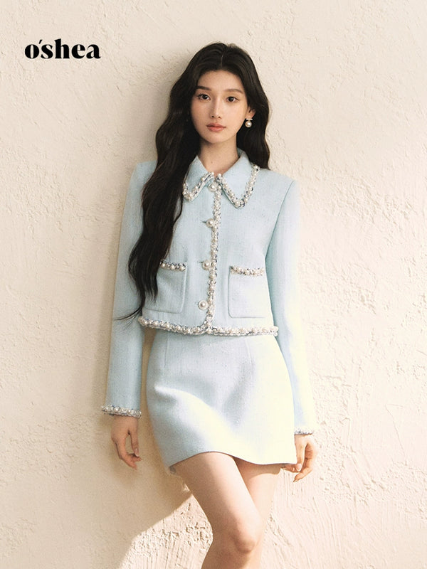 Oshea Blue Scented Golden Short Jacket For Women 2025 New Autumn Slim Pearl Webbing Fashion Suit