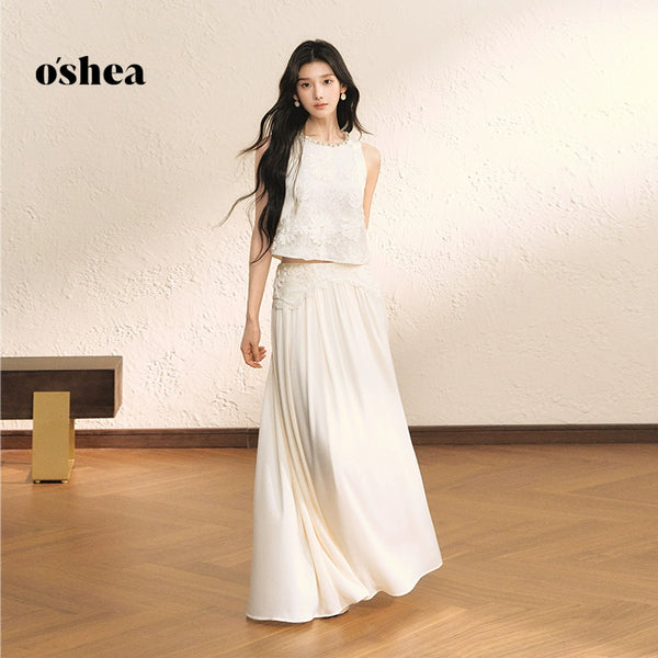Oshea Gardenia White Sleeveless Lace Shirt For Women 2025 New Early Autumn Slimming Vest Top Skirt Suit