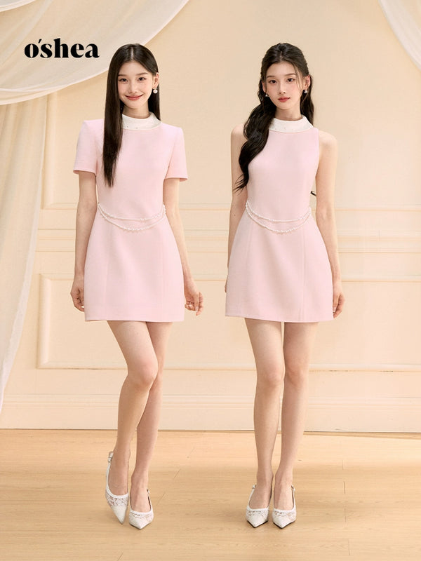 Oshea Early Pink Contrast Color Daughter Style Sleeveless Dress For Women 2025 Summer New Waist Slim Fit A-Line Skirt
