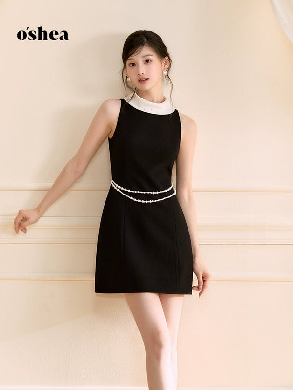 Oshea Star Black Contrast Color Daughter Style Dress 2025 New Summer Waist Sleeveless Vest A-Line Skirt