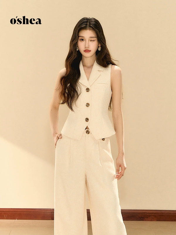 Oshea Gardenia White Old Money Style Sleeveless Vest Two-Piece Set Women'S 2025 New Slim Body Wide Legs Pants Set