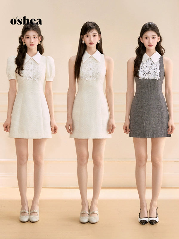 Oshea Lace Pearl Daughter Style Dress 2025 New Summer Women'S Heavy Industry Slim Western Short Skirt A-Line Skirt