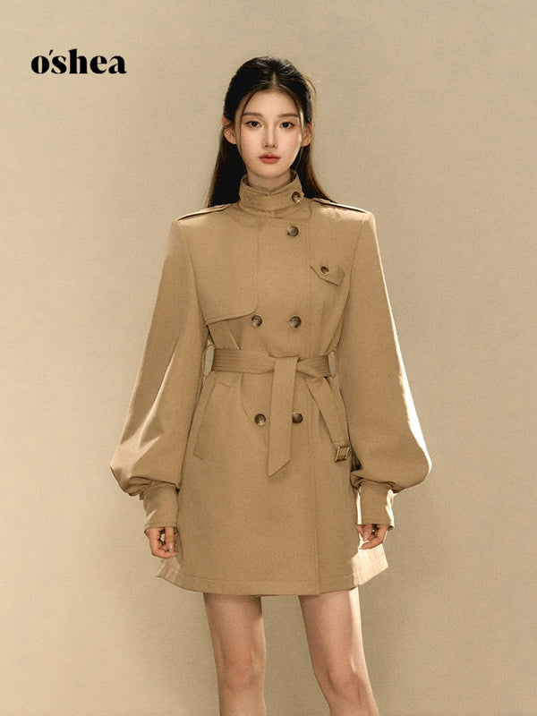 Oshea Lantern Sleeve Old Money Style Short Trench Coat Women'S 2025 New Autumn Double Breasted Design Small Jacket