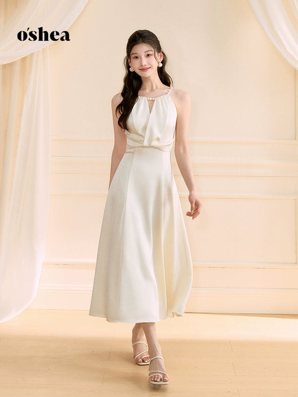 Oshea Gardenia White French Daughter Style Pearl Sling Dress Women'S New Summer Slim Long Skirt