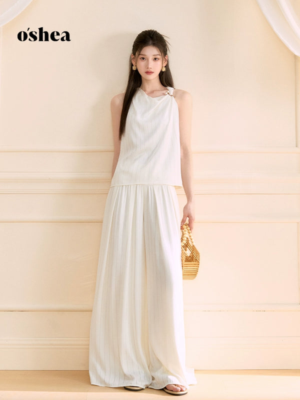 Oshea Star Dew White Old Money Style Swing Collar Shirt Women'S 2025 New Summer Thin Sleeveless Top Wide Legs Pants Set