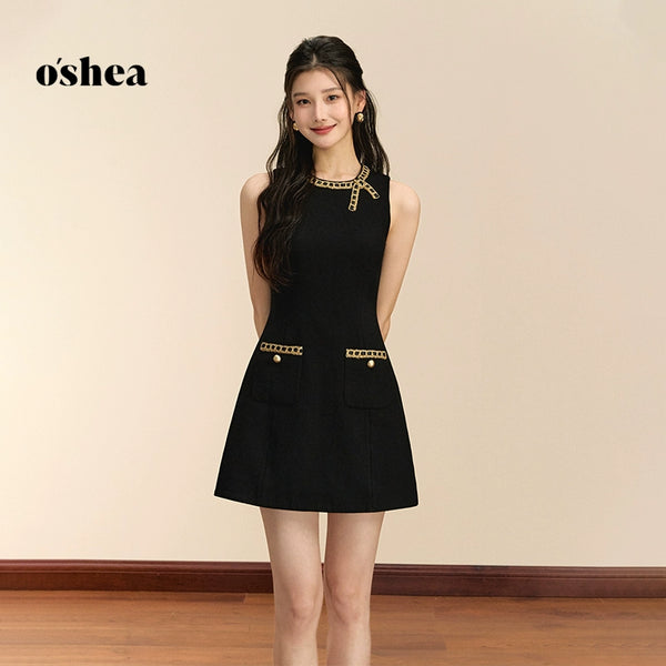 Oshea French Style Sleeveless Dress For Women In Summer 2025 New Gold Wire Slim Miu Series Short Black Skirt