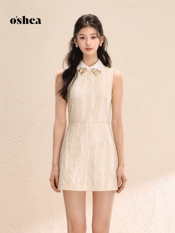 Oshea French Heavy Industry Daughter Style Dress 2025 New Summer Sleeveless Bead Button Waist Design Short Skirt