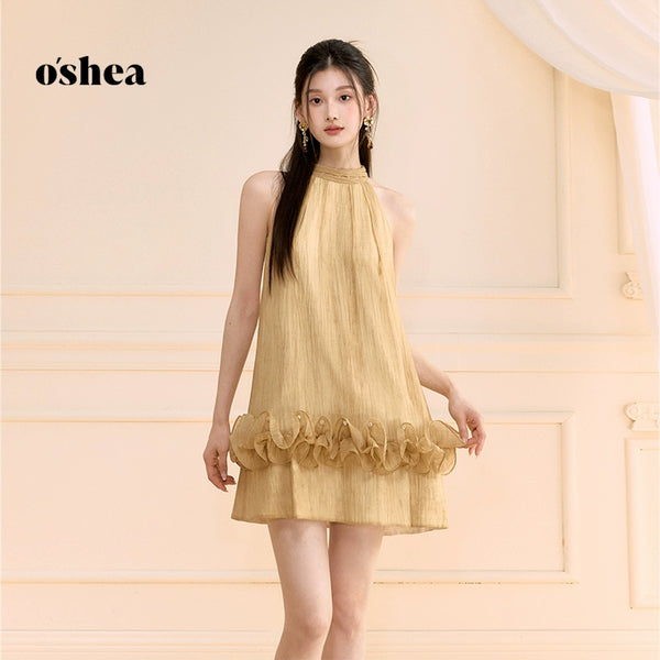Oshea Honey Yellow Golden Style Dress For Women 2025 New Summer Ruffle Design Princess A-Line Short Skirt