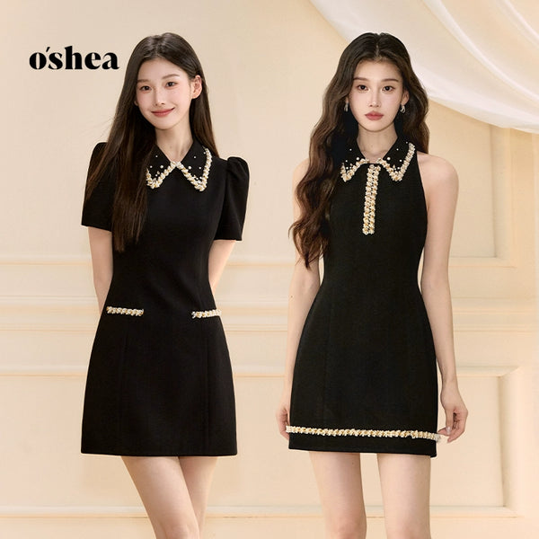 Oshea Starry Black French Style Dress For Women 2025 New Summer Waist-Hugging And Slimming Heavy Industry A-Line Skirt